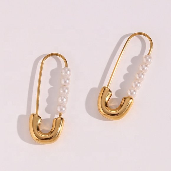 Safety Pin Imitation Pearl Hoop Earrings Paper Clip 18K Gold - Picture 5 of 9